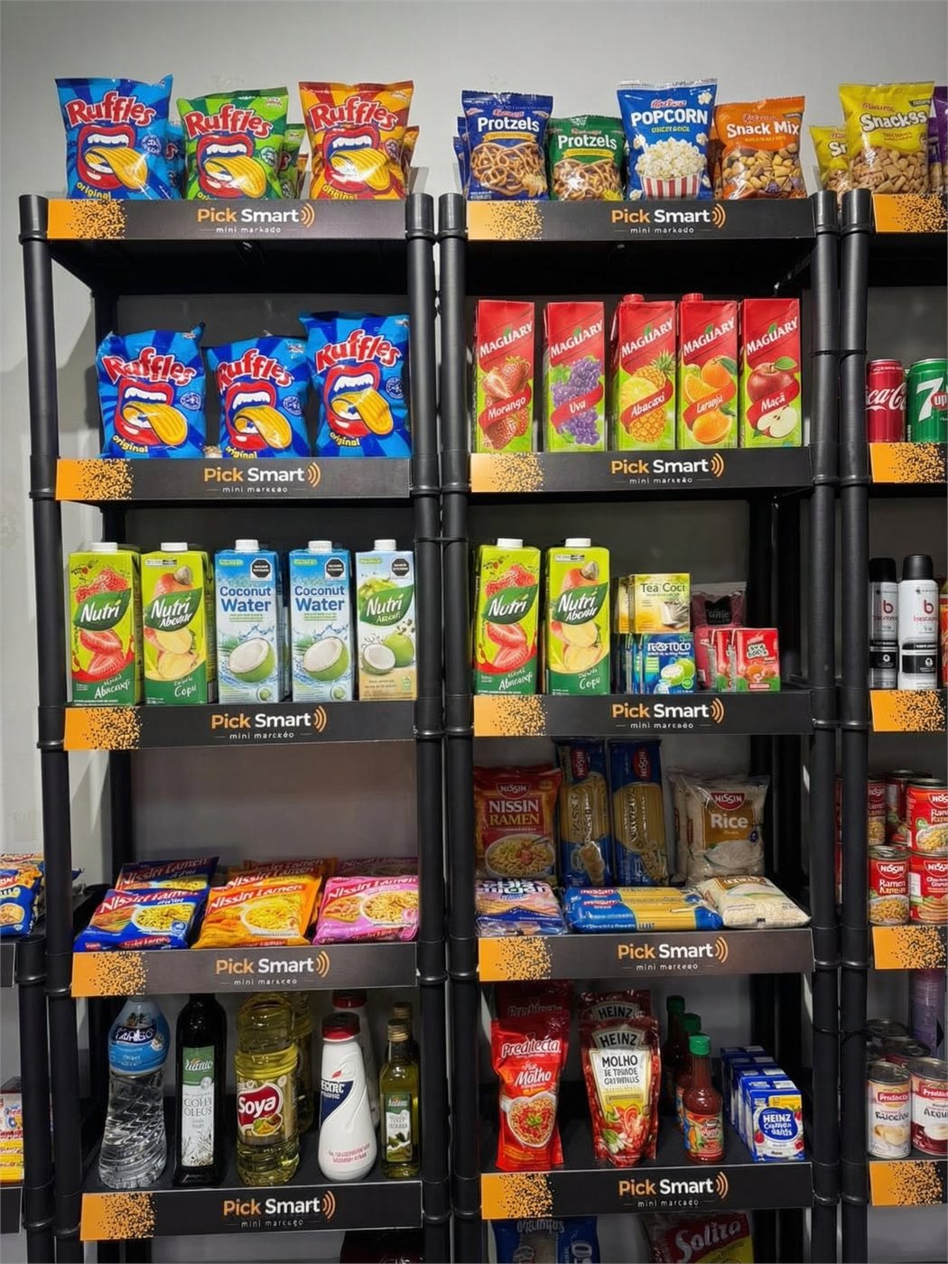 Prateleiras PickSmart abastecidas com snacks, bebidas e itens de mercearia