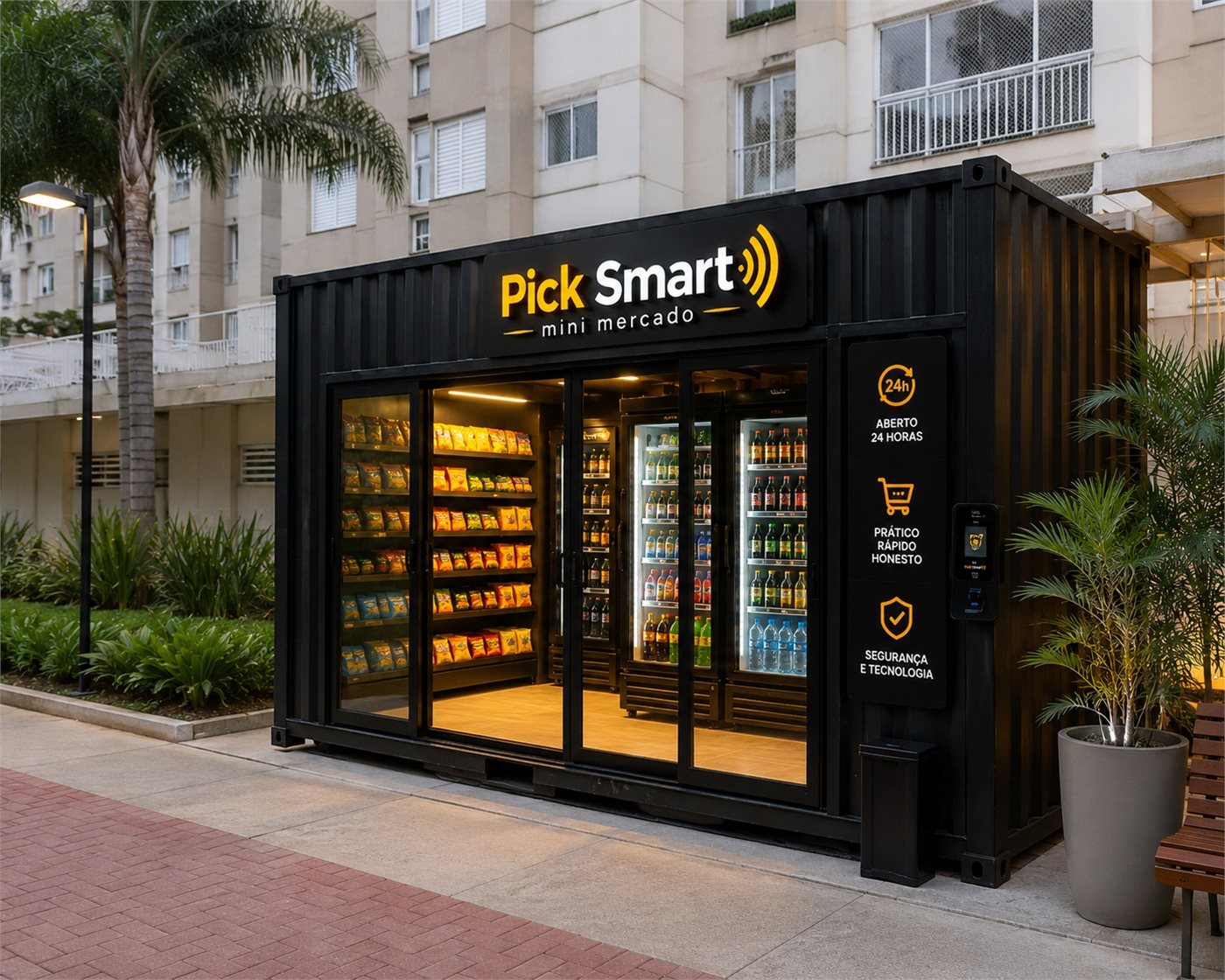 Mini mercado autônomo PickSmart iluminado, com totem de autoatendimento e expositores refrigerados